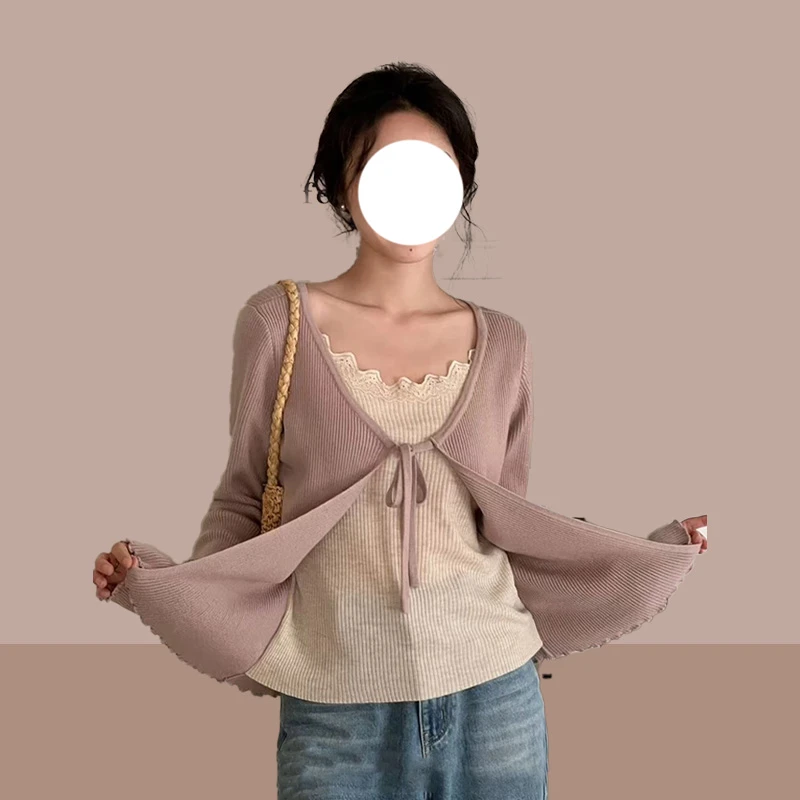 松弛感淡紫色针织衫女2025春秋新款时髦百搭时尚通勤甜美假两件女