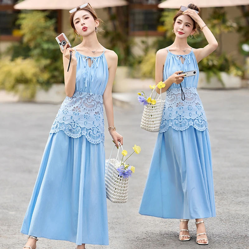 设计感蕾丝拼接挂脖连衣裙女2025夏季新款洋气减龄气质沙滩吊带裙