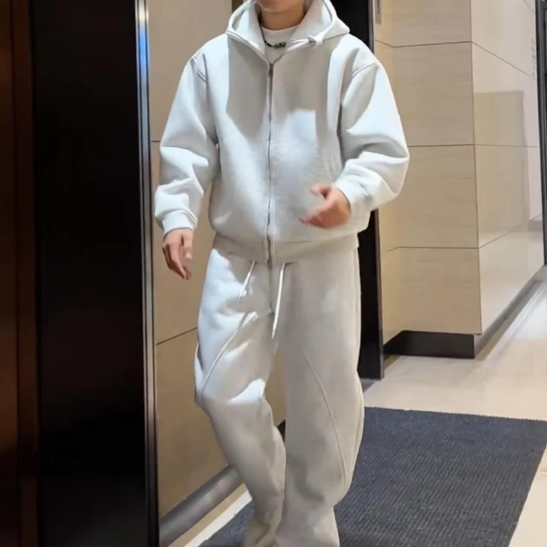 特大码男套装秋冬净版加绒加厚休闲百搭运动宽松连帽外套直筒卫裤