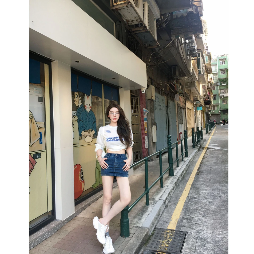媛媛【加州牛仔女孩】 新款夏季时尚百搭包臀牛仔半身裙#Q1246