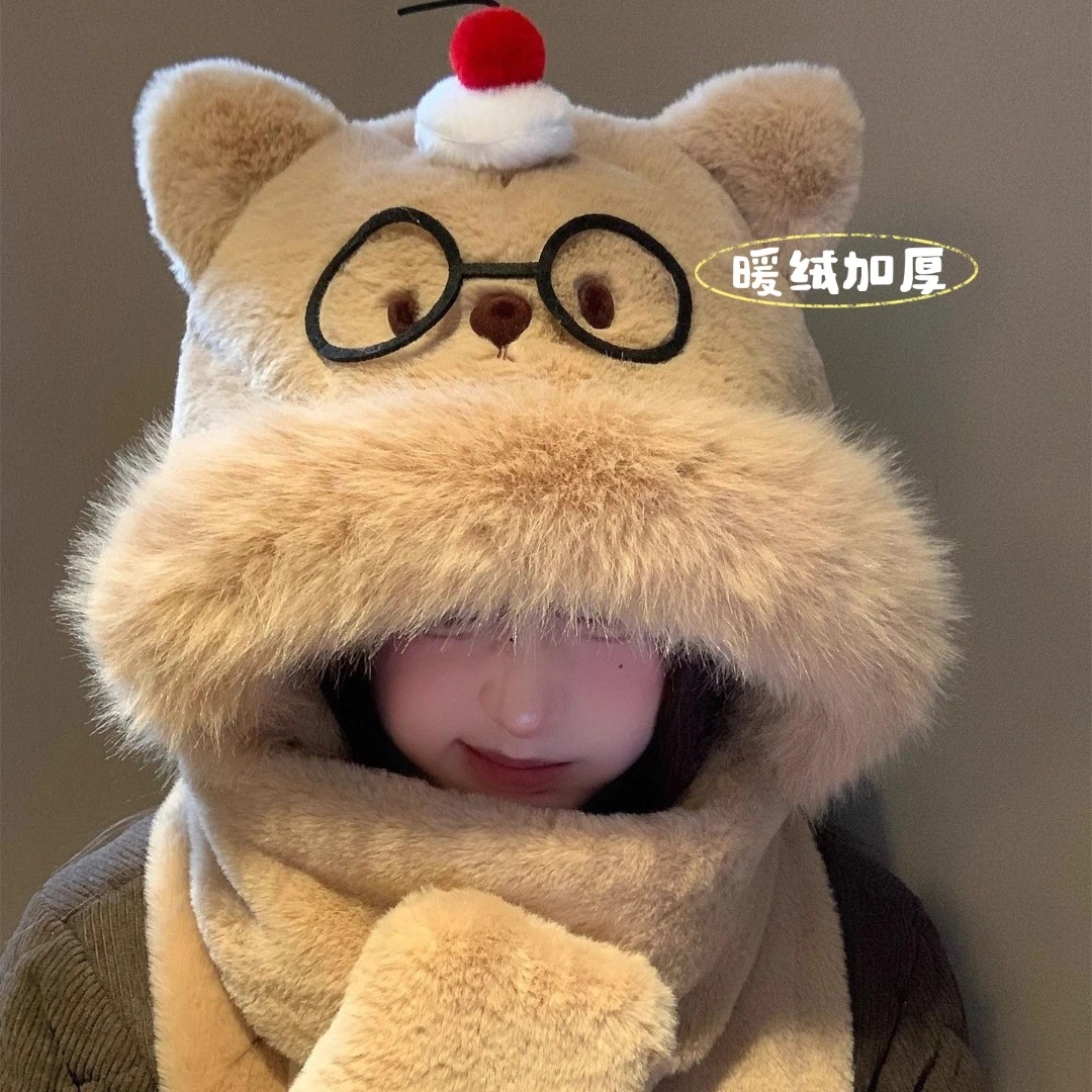 可爱卡通小熊毛绒帽子围巾一体手套三件套女冬季保暖加厚防寒护耳