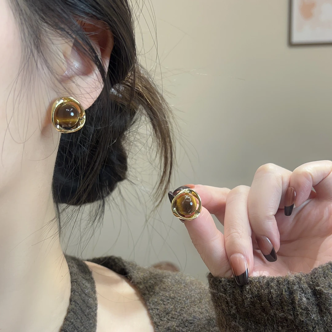 【黑糖饰品】莫比乌斯猫眼石耳钉美拉德色系复古轻奢耳环E1877