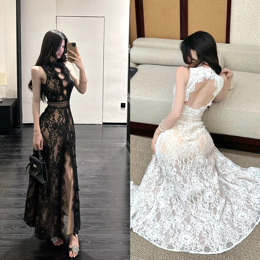 灰尘邓邓 【仲夏夜】性感黑色蕾丝镂空挖肩连衣裙D25Q1407