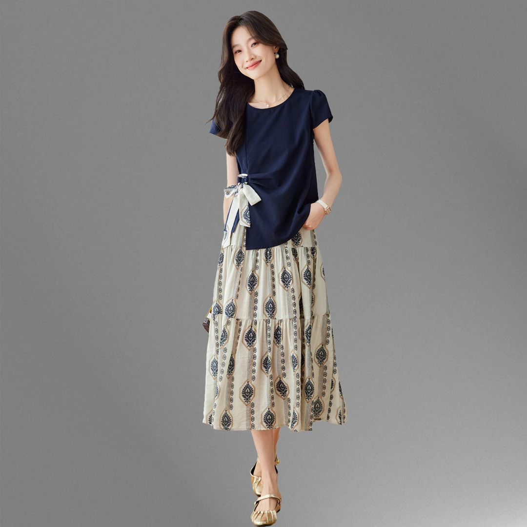 轻熟风气质时尚套装女2025夏季新款收腰显瘦上衣印花半身裙两件套