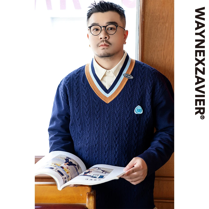 维恩泽维尔宽松大码秋冬V领学院风扭花撞色拼接刺绣叠穿毛衣9311