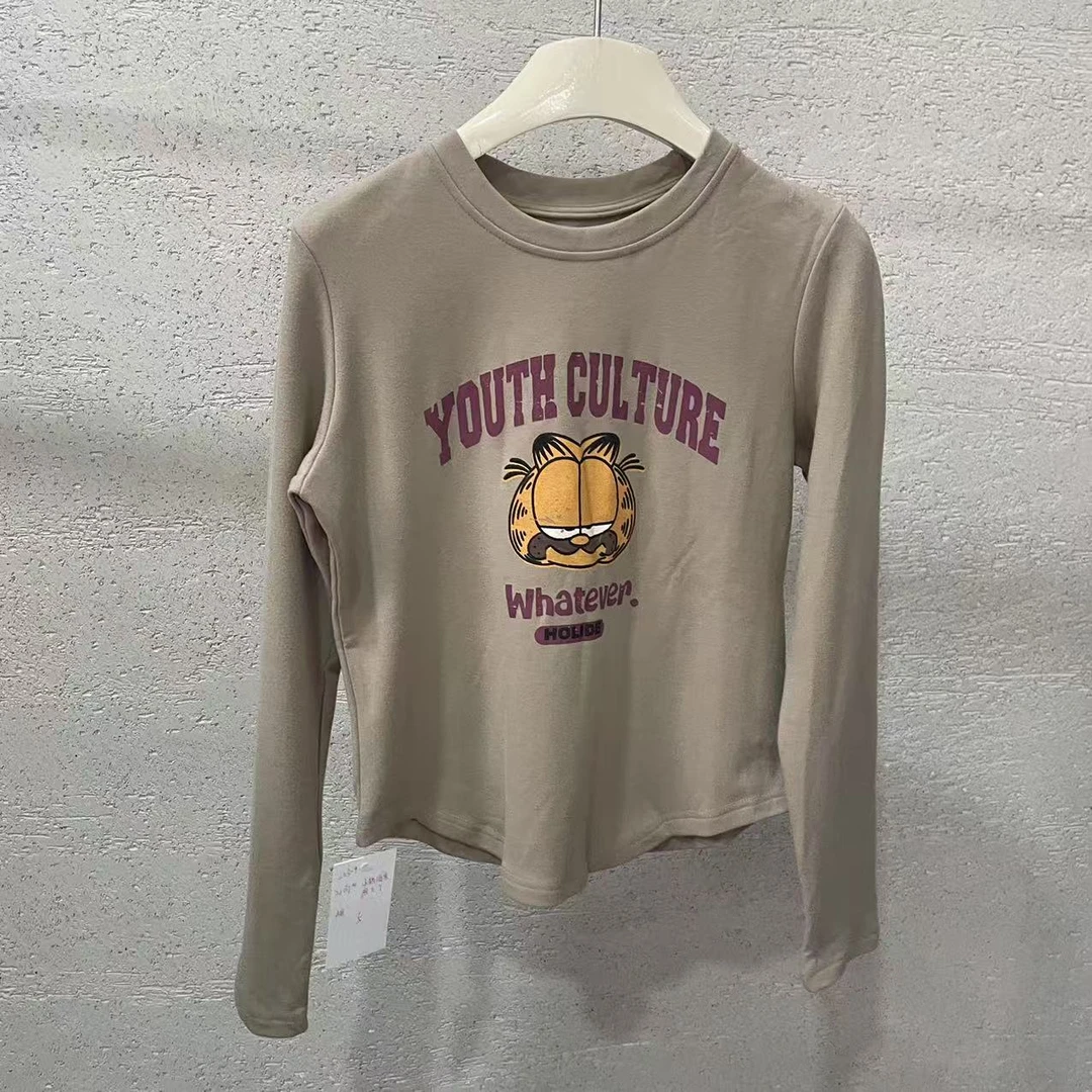 【 雨•美 推荐 】2167卡其色小猫图案磨毛T上衣