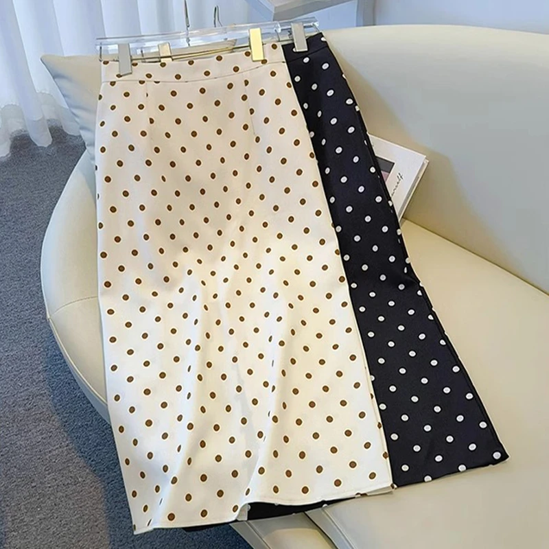 La babite波点半身裙女2025年夏季新款高腰中长款后开叉直筒裙子