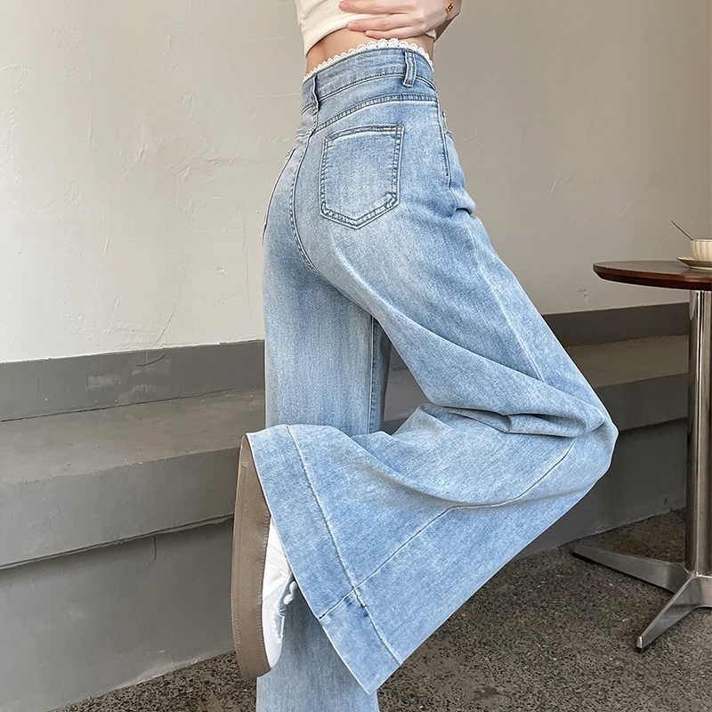 天空蓝微喇牛仔裤女2025秋装蕾丝花边小个子宽版不贴腿阔腿喇叭裤