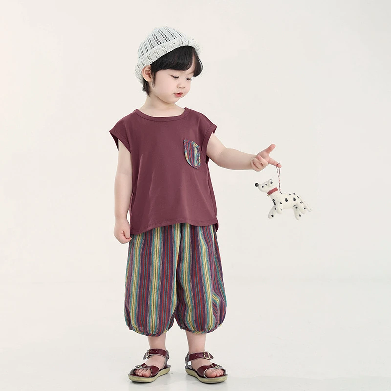 男童套装儿童夏季新款中小童彩条背心七分裤两件套韩版