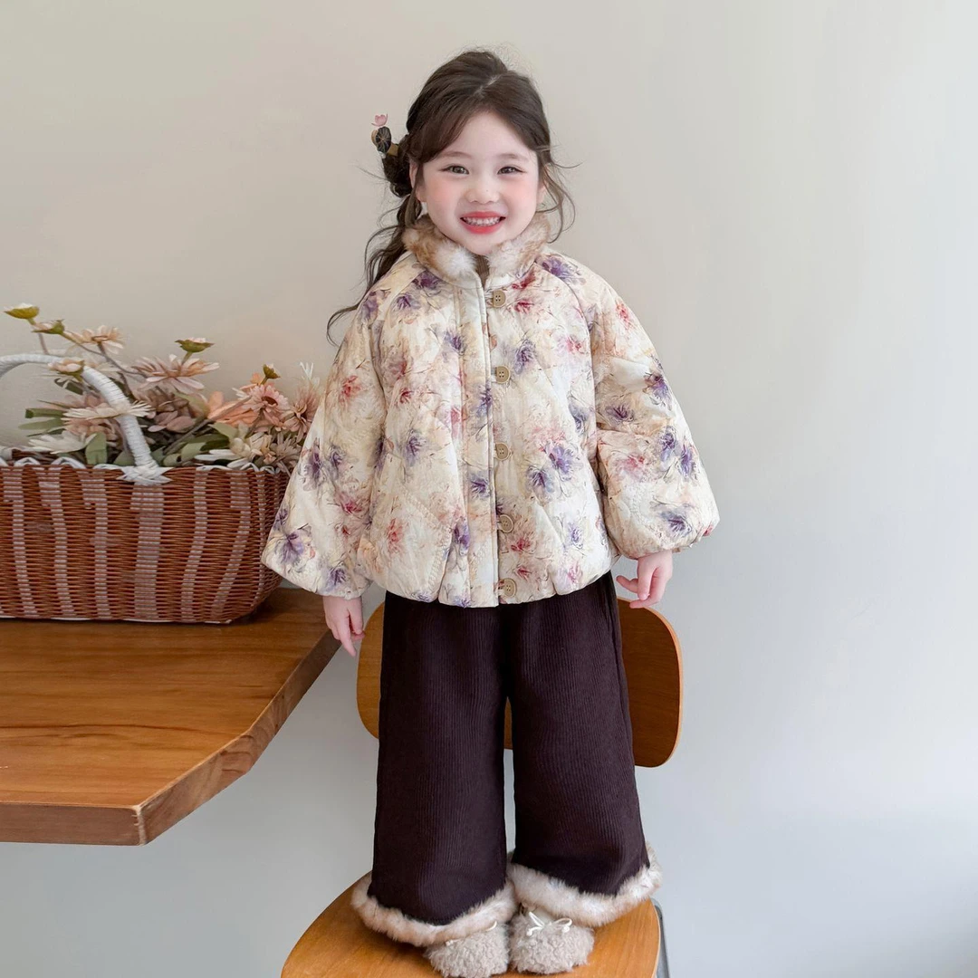 女童棉服冬季中小童2025新款洋气冬装儿童碎花棉衣女宝宝加厚棉袄