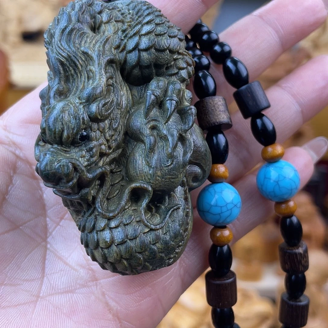 柏木绿檀木龙手把长7cm