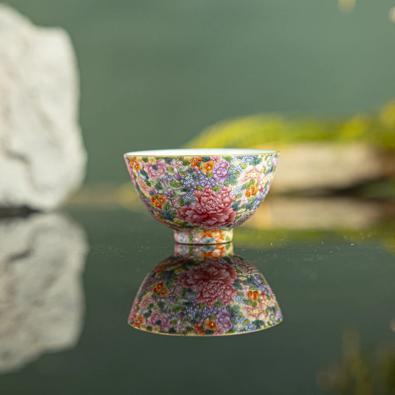 【墨舍名窑】宝蕴阁珐琅彩万花鸡心杯主人杯手工手绘byg9