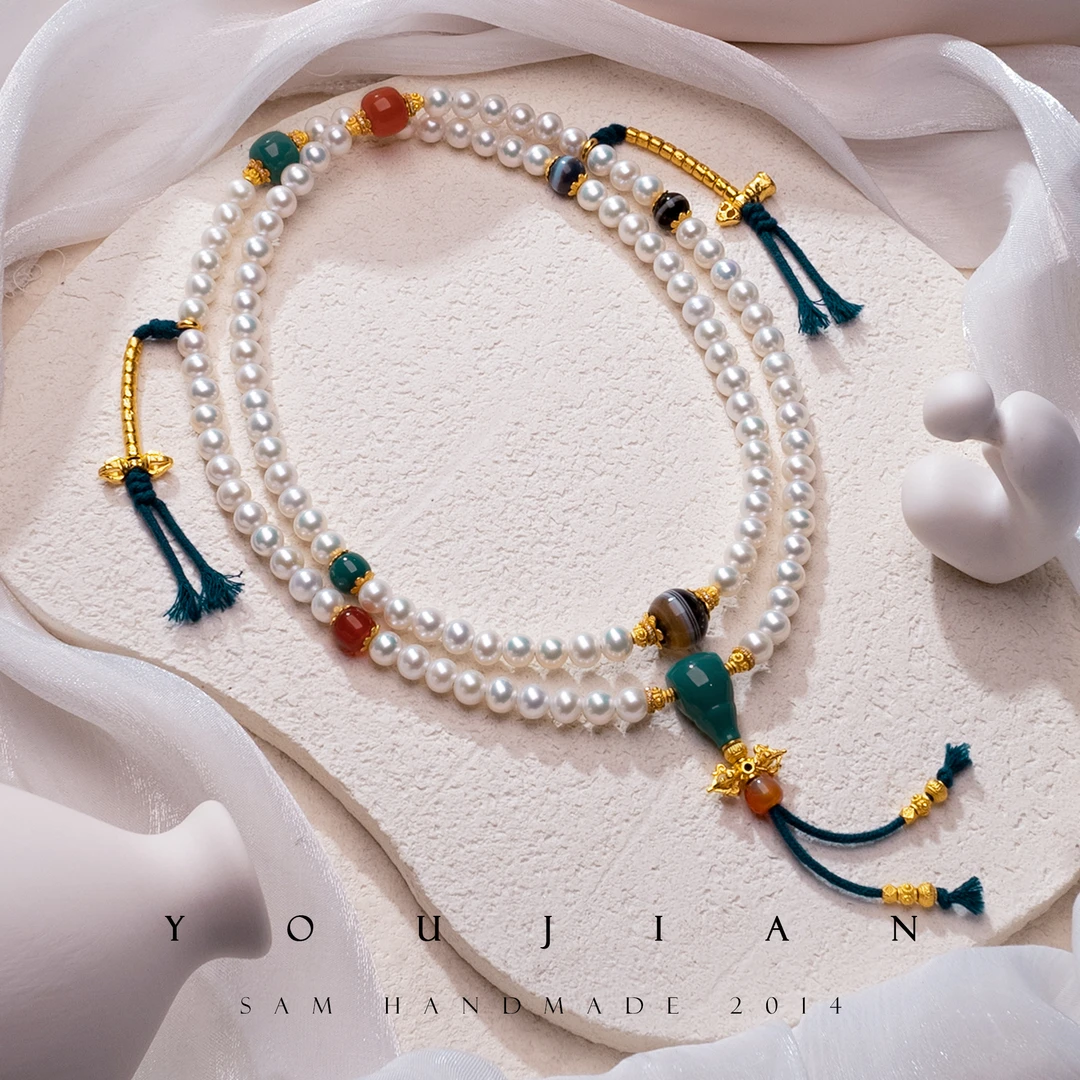 【孤品】又见原创设计-足金手工金淡水珍珠（纯）药师多宝念珠-G154