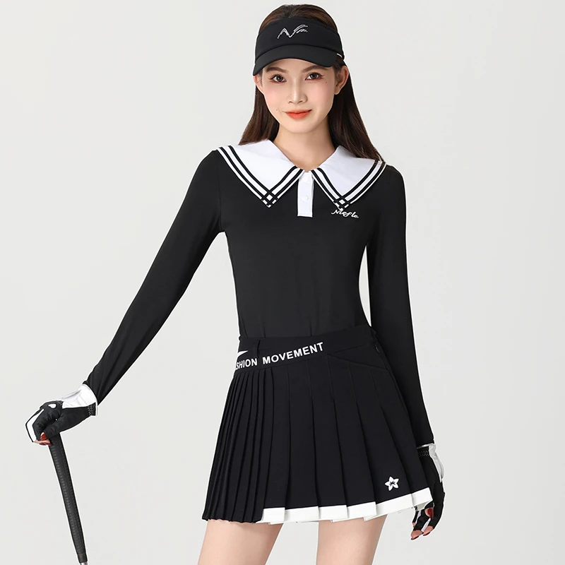 春夏女装长袖Polo衫弹力修身显瘦上衣撞色休闲运动高尔夫套装上衣