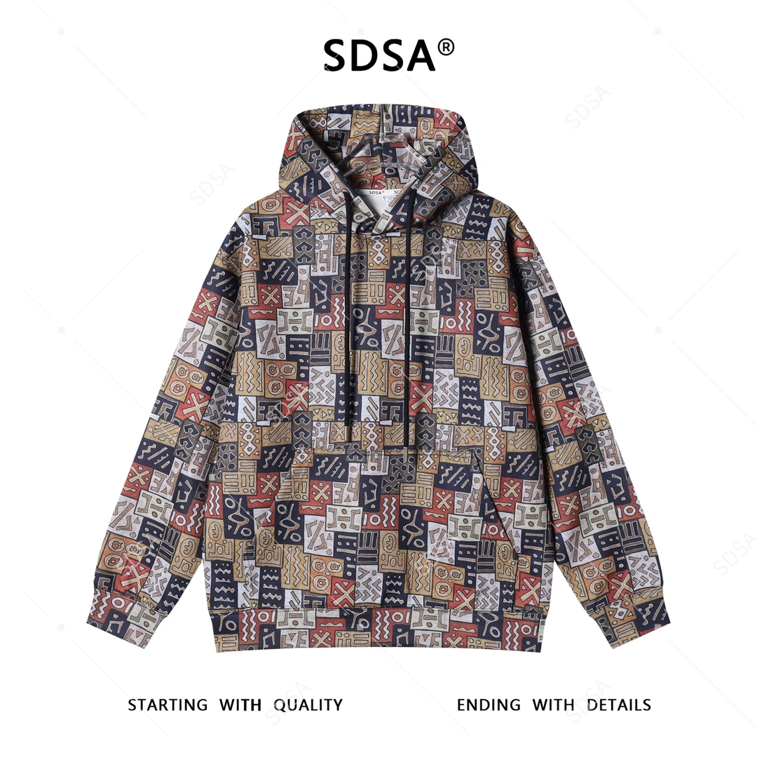 SDSA男士秋冬新款痞帅男装潮牌撞色不规则图案抽绳连帽卫衣百搭