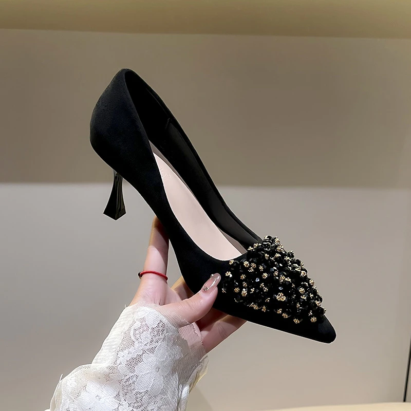 手工新款细跟水钻高跟鞋女法式气质尖头春季百搭小众百搭单鞋女