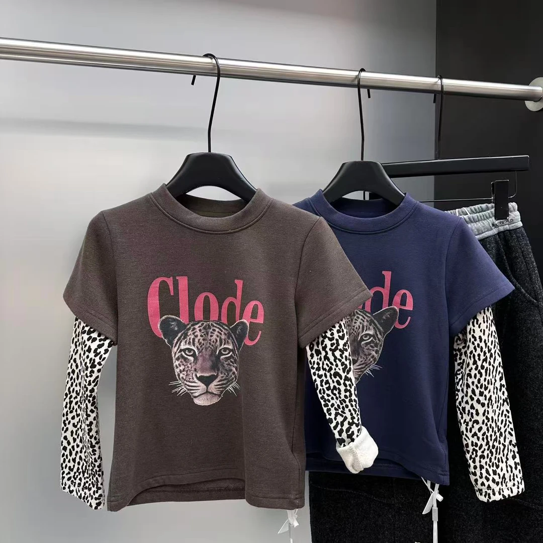 【2025秋冬韩款】加厚磨毛豹纹拼接假两件儿童打底x1351