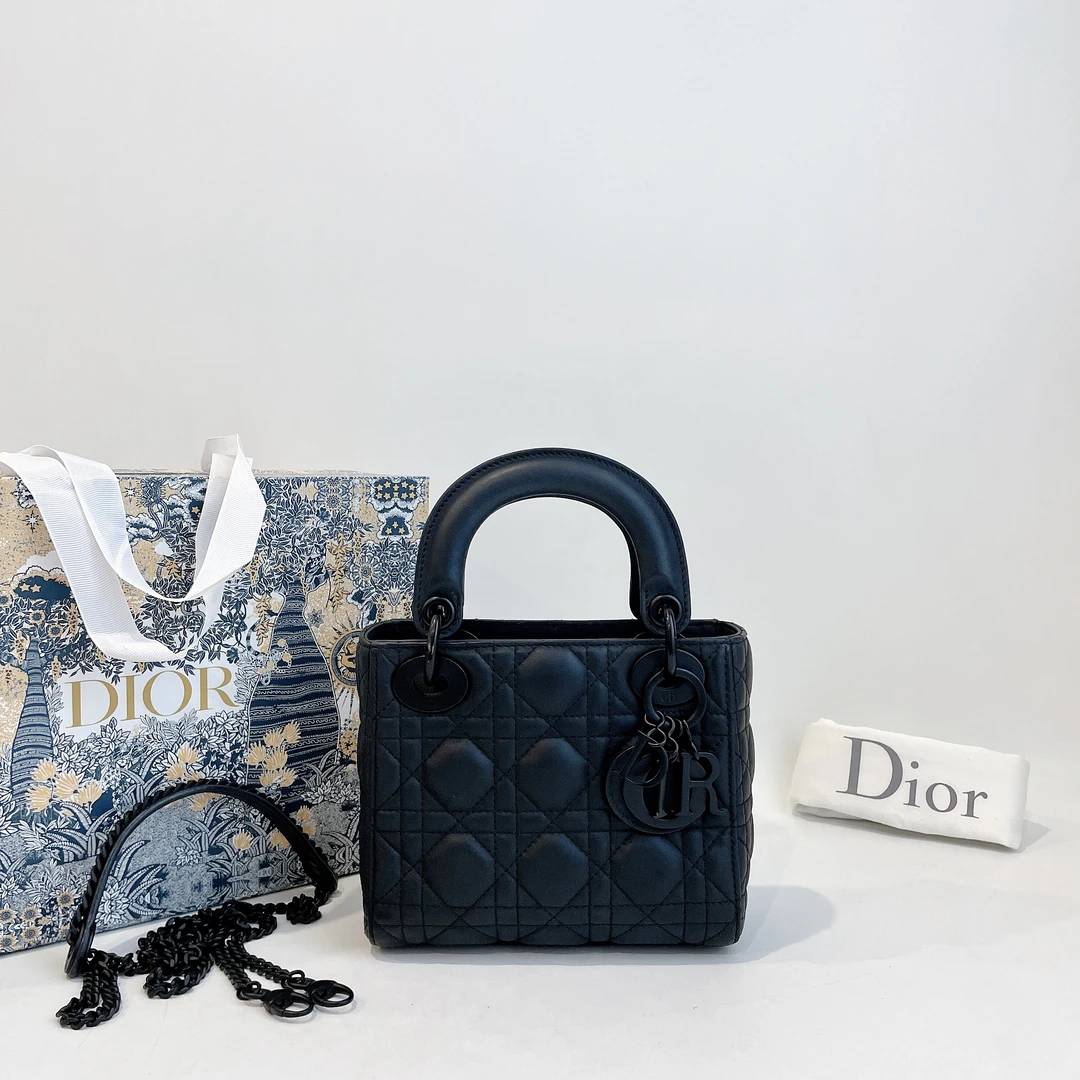 95新 DIOR/迪奥  三格磨砂黑戴妃链条单肩包 芯片