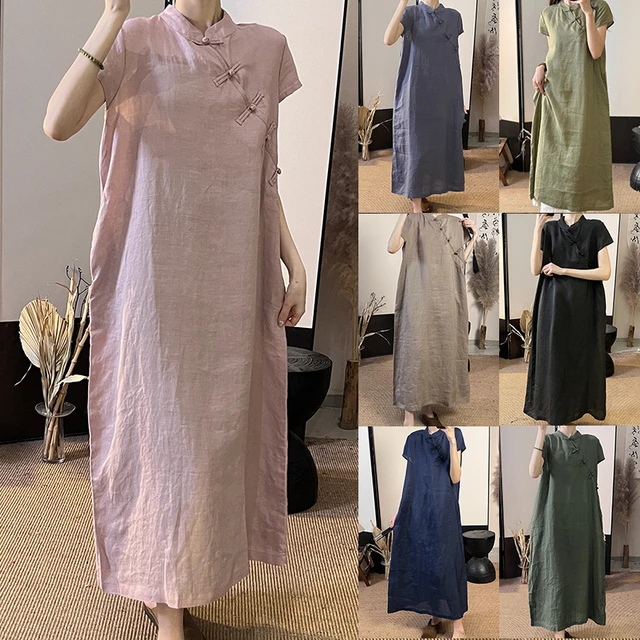 日常改良旗袍女夏季薄款简约小立领斜扣盘扣中式复古风苎麻连衣裙