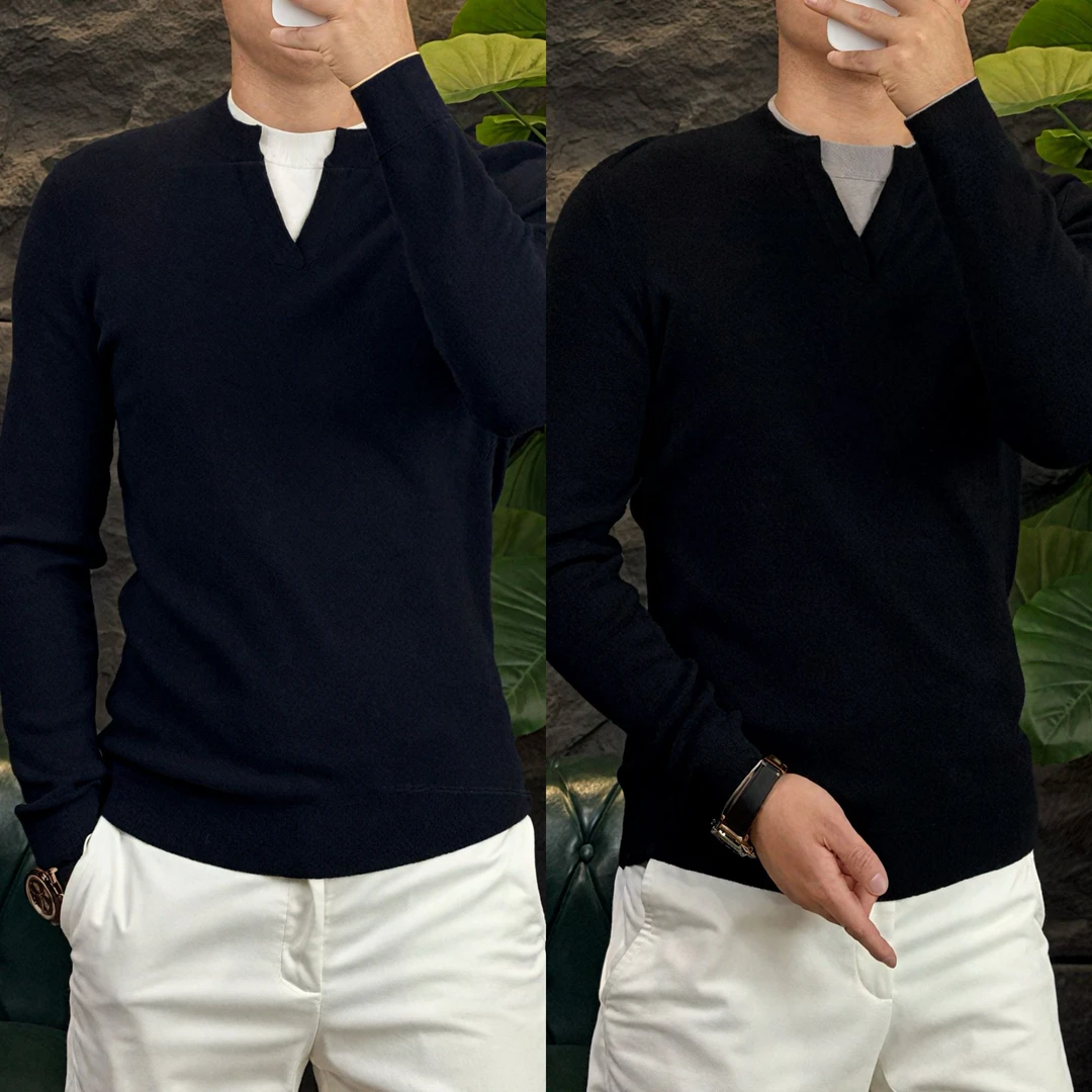 秋冬 高品质轻奢潮流欧美精纺撞色领针织衫9597