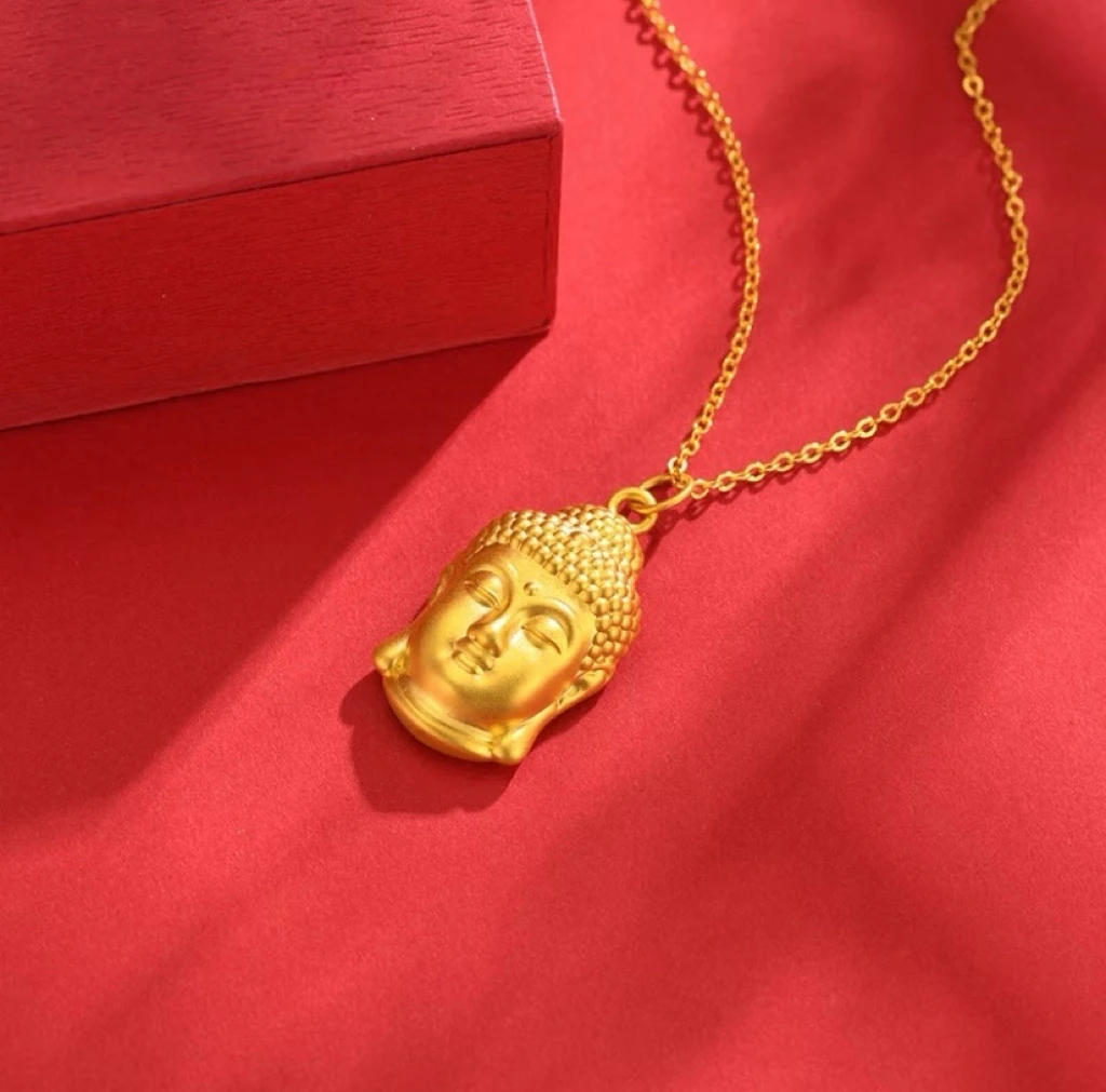 铜项链 铜镶金永保平安佛头项链手工时尚复古古法金色空心项坠