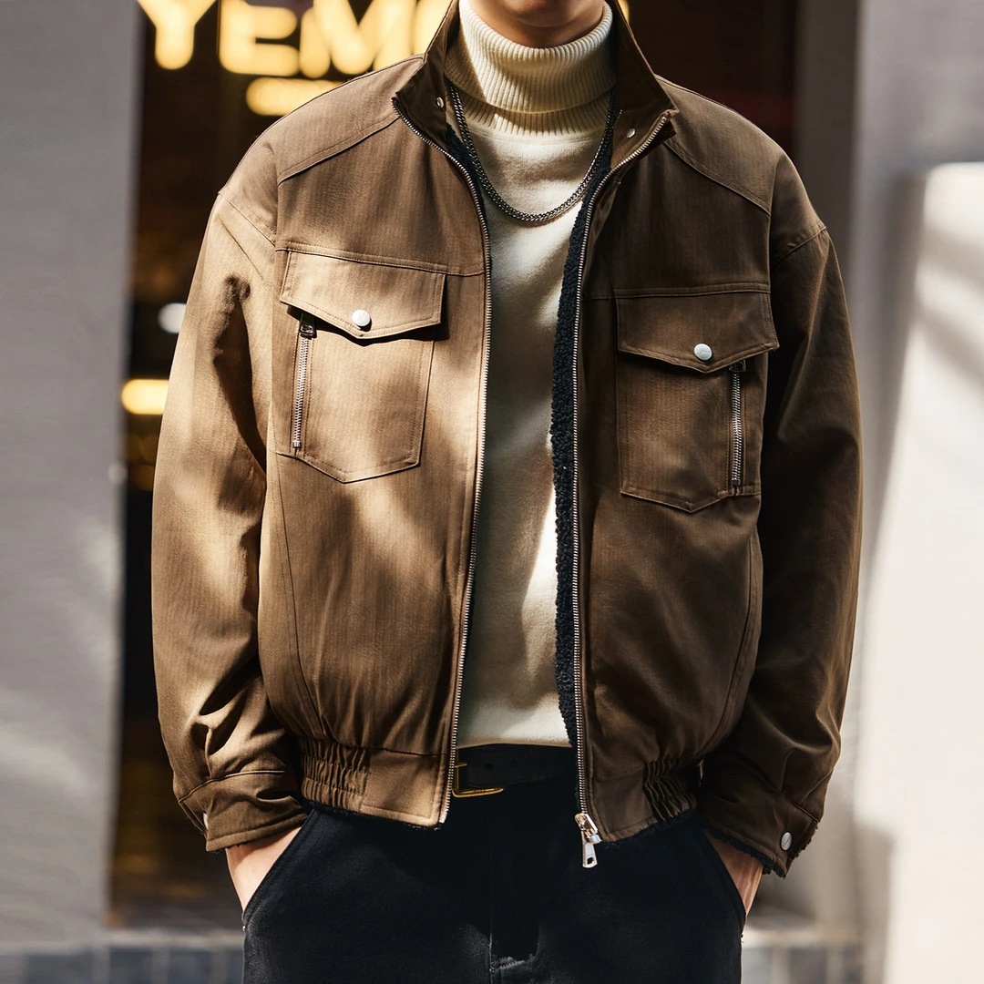 格蓝鹿美拉德复古双面穿羊羔绒外套男秋冬潮牌加厚棉服工装夹克男