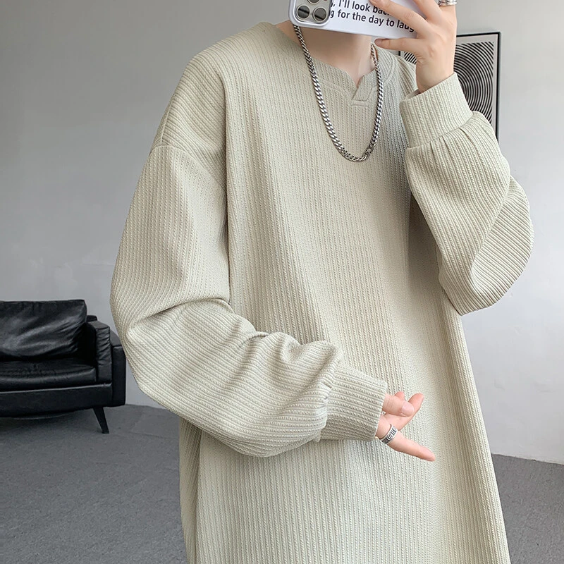 肌理感长袖t恤男春秋季宽松慵懒风纯色卫衣潮牌痞帅大码垂感上衣