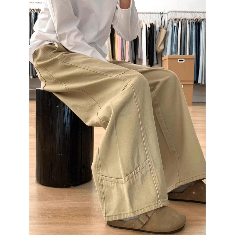 卡其色韩系工装牛仔裤高腰直筒显瘦阔腿裤女秋季大码梨型遮胯长裤
