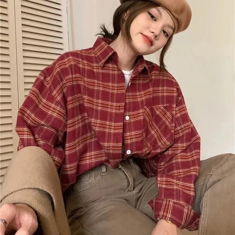 日系复古红色Polo领格子衬衫慵懒风小众休闲衬衣外套宽松长袖上衣