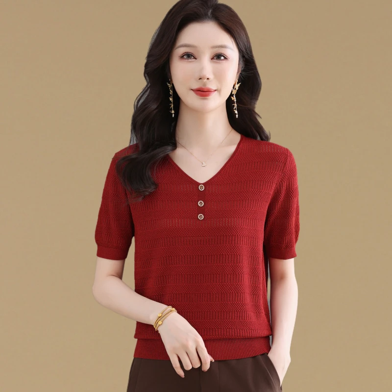 冰丝针织衫短袖t恤女装2025新款年轻妈妈夏装时尚洋气V领镂空上衣