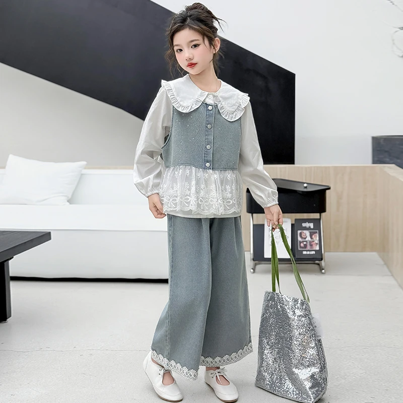 女童春秋款牛仔马甲套装2025新款中大童洋气衬衫休闲牛仔裤三件套