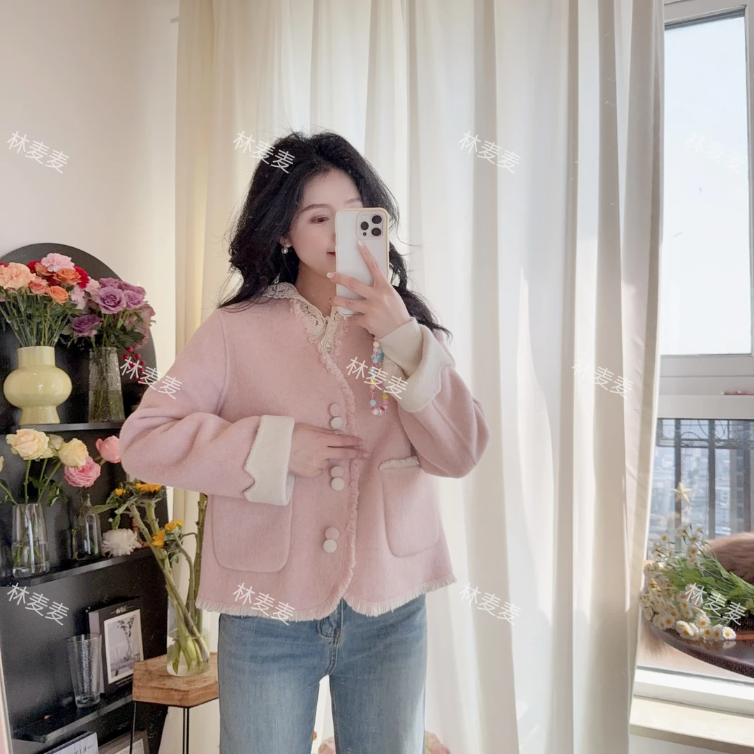 林麦麦【韩女】双面可穿呢大衣外套V领流苏小个子韩版新款