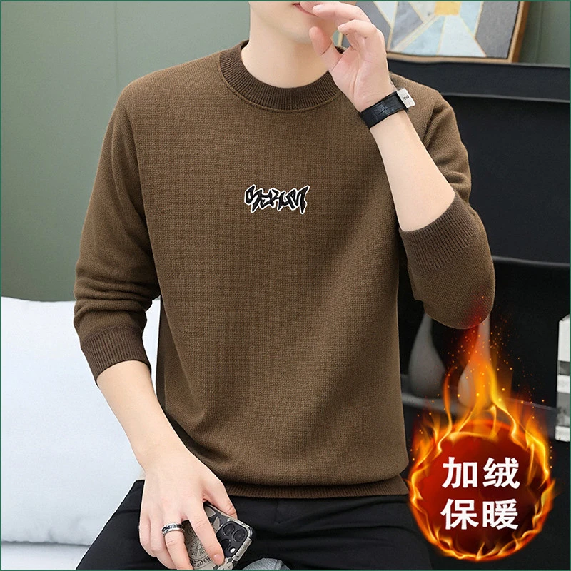 潮牌一体绒毛衣男加厚刺绣打底衫内搭宽松秋冬季新款圆领长袖卫衣