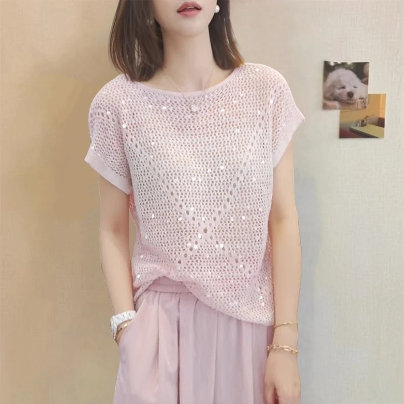 亮片镂空设计感减龄针织短袖t恤女夏季新款宽松气质百搭圆领上衣