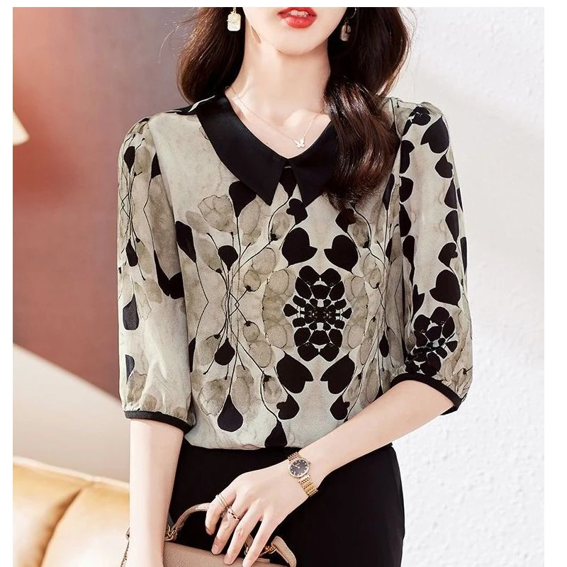 美拉德衬衫2024新款夏季洋气印花上衣显瘦复古气质娃娃领小衫衬衣