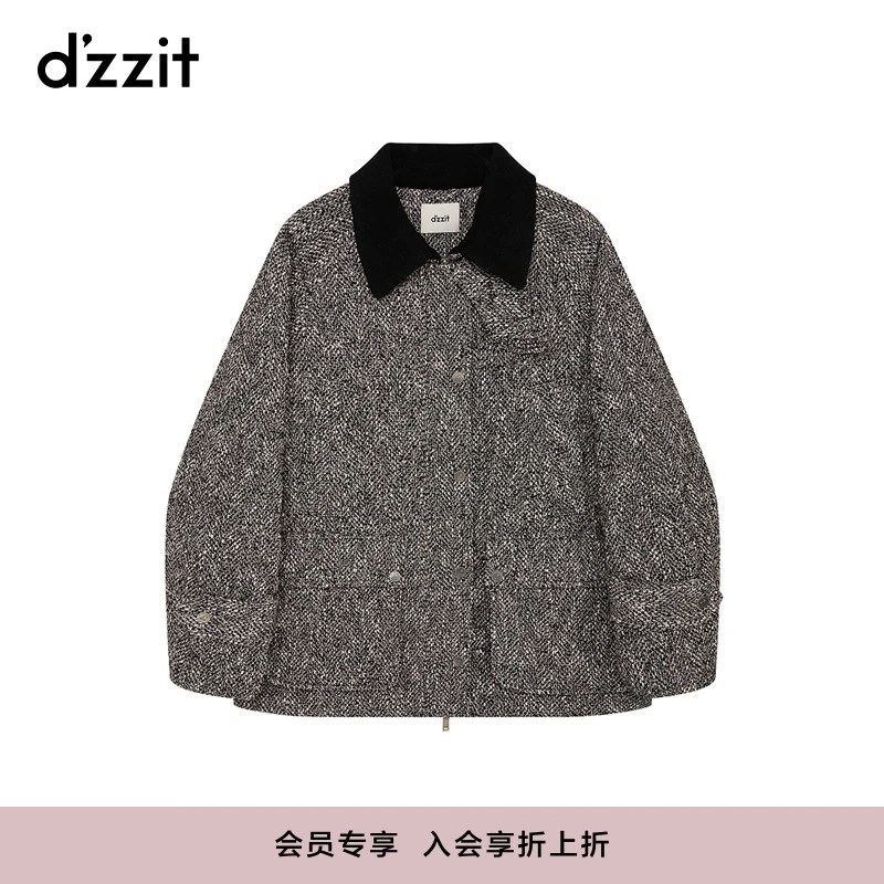 dzzit地素棉服24冬新款小香风拼接翻领宽松廓形外套女3I4H2714A
