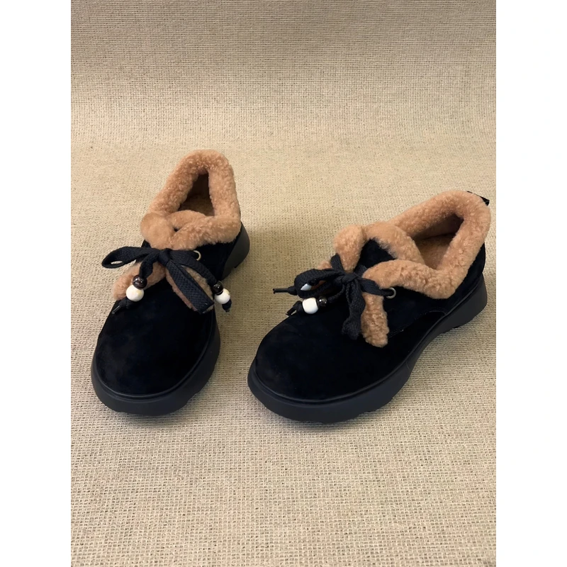 nnmiss/4.5cm内增高圆头厚底拼色串珠系带休闲复古通勤保暖毛毛鞋