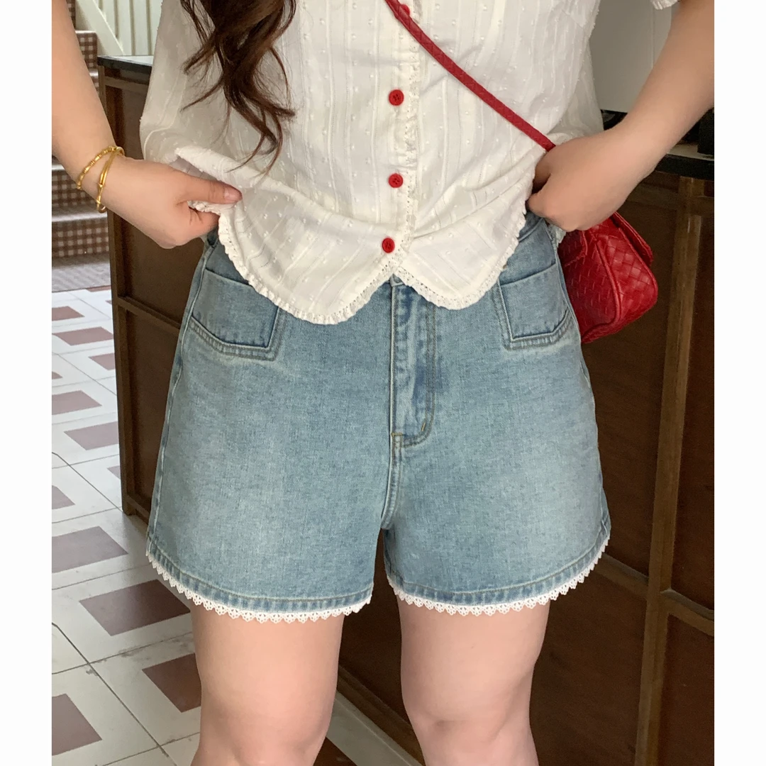 【牛仔回声】大头婷微胖夏季牛仔短裤蕾丝花边高腰显瘦A字裤