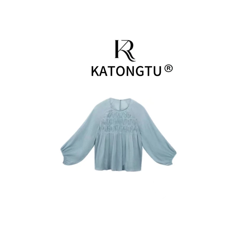 KATONGTU【蓝娃娃衫】薄款设计感褶皱气质百搭圆领衫上衣 YN1-57