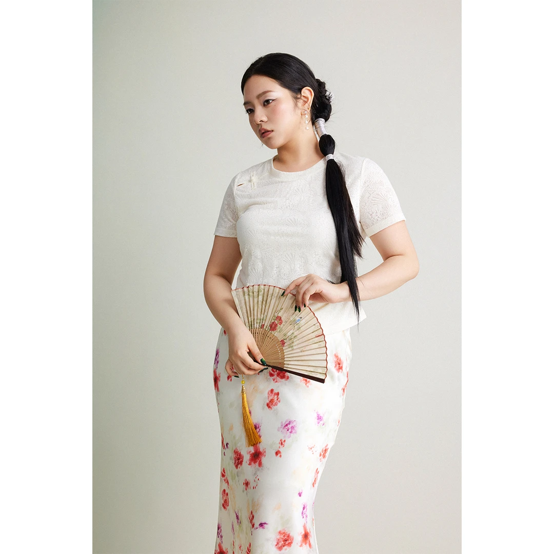 PLUSMALL 月见山葵 新中式提花蕾丝立体雕花短袖PM2504166