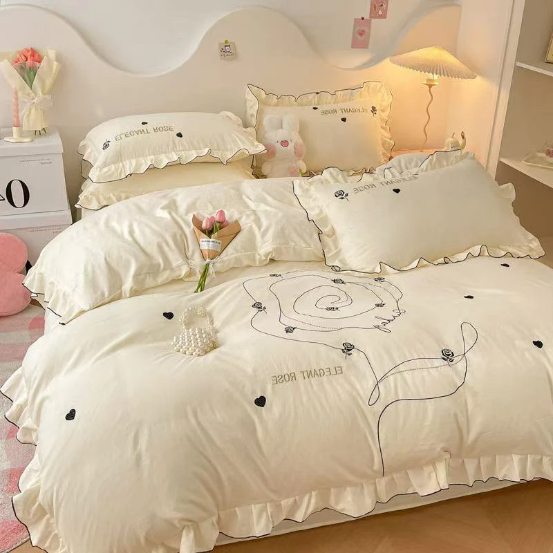 绣花韩版四件套被罩床单加厚简约裸睡床上用品