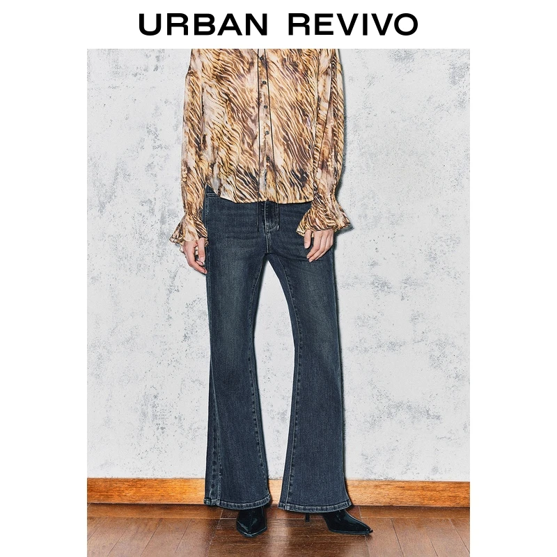 UR2025秋季新款女装丹宁回潮做旧水洗喇叭牛仔长裤UWJ850073+