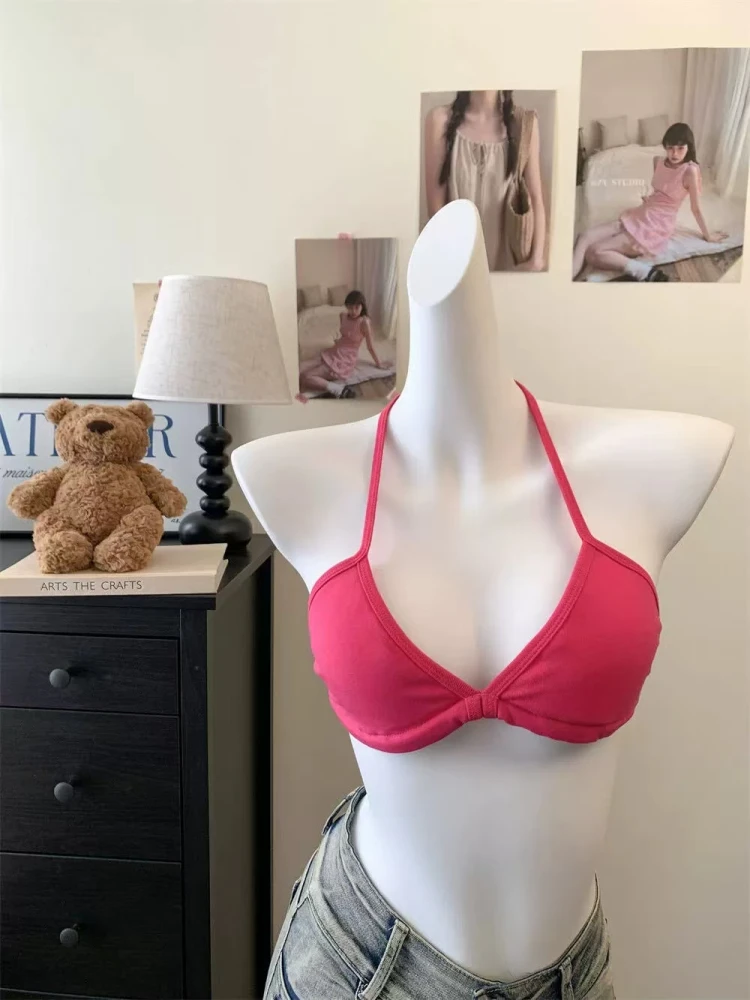 性感辣妹外穿挂脖吊带背心夏季度假风绑带三角杯内衣比基尼上衣女