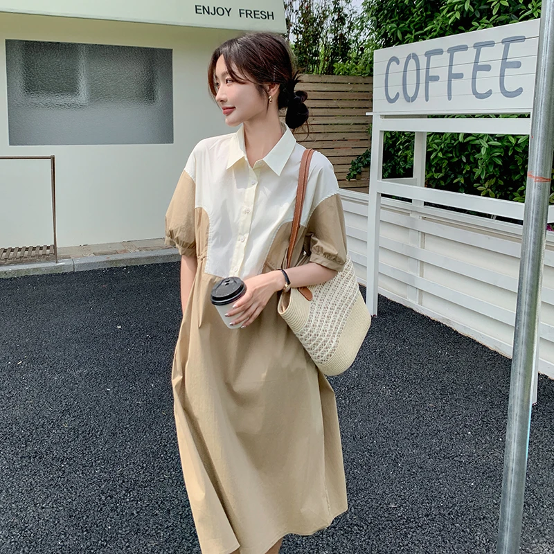 卡其色拼接连衣裙女夏2025新款韩版小众设计气质高级感显瘦衬衫裙