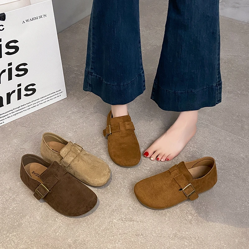 勃肯鞋女2025新款复古磨砂大圆头软底百搭网红休闲女单鞋