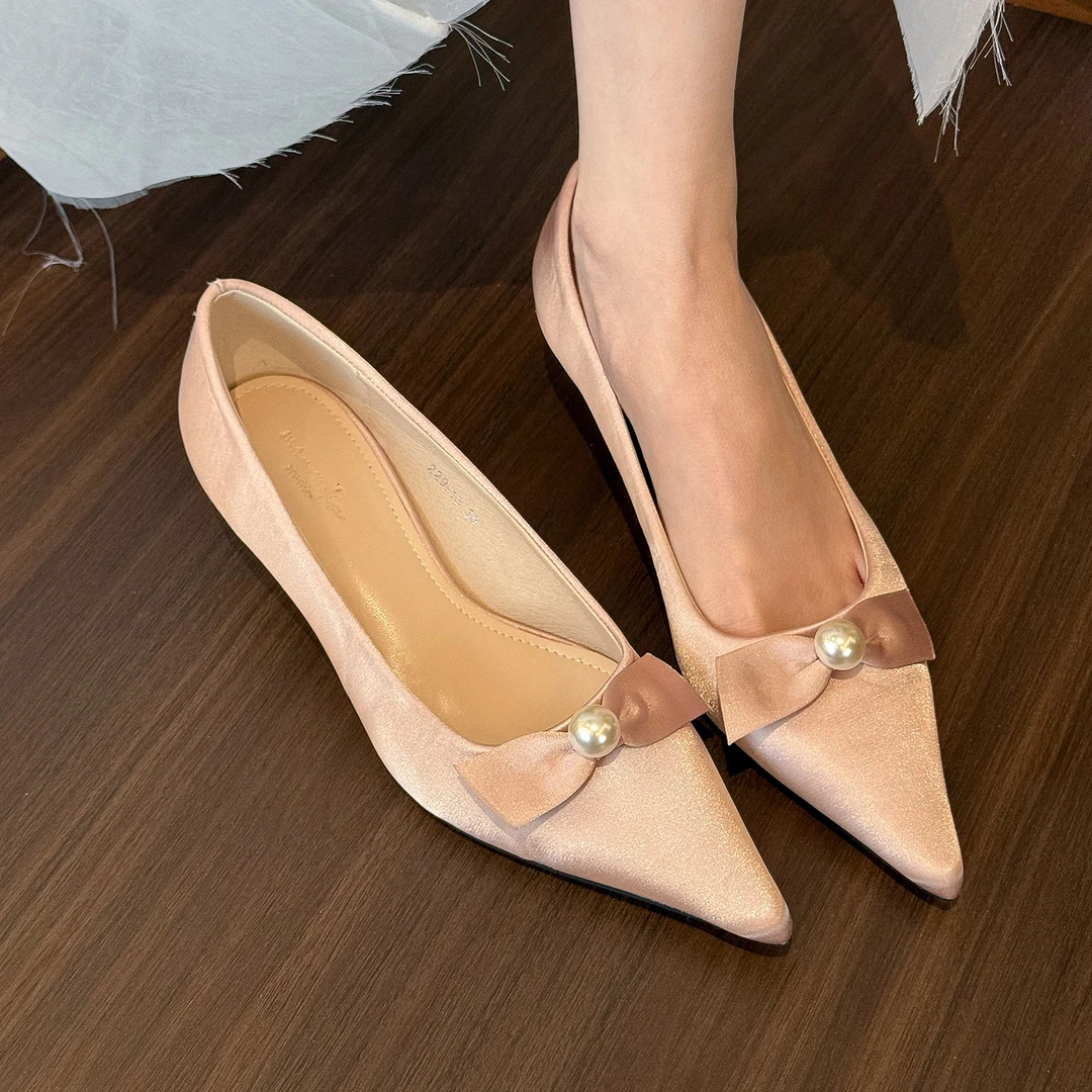 elingstudio 人鱼眼泪•粉色珍珠蝴蝶结高跟鞋女春季尖头浅口单鞋