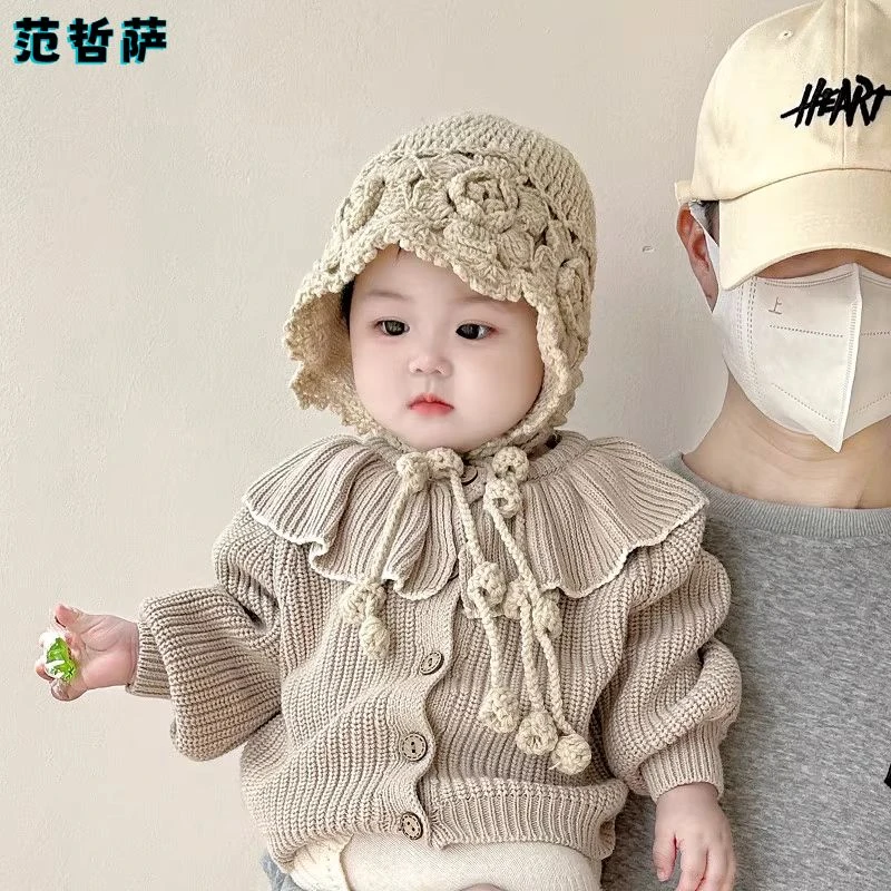 婴儿帽子秋冬款韩版女童流苏系带毛线帽手工针织冬季女宝宝护耳帽