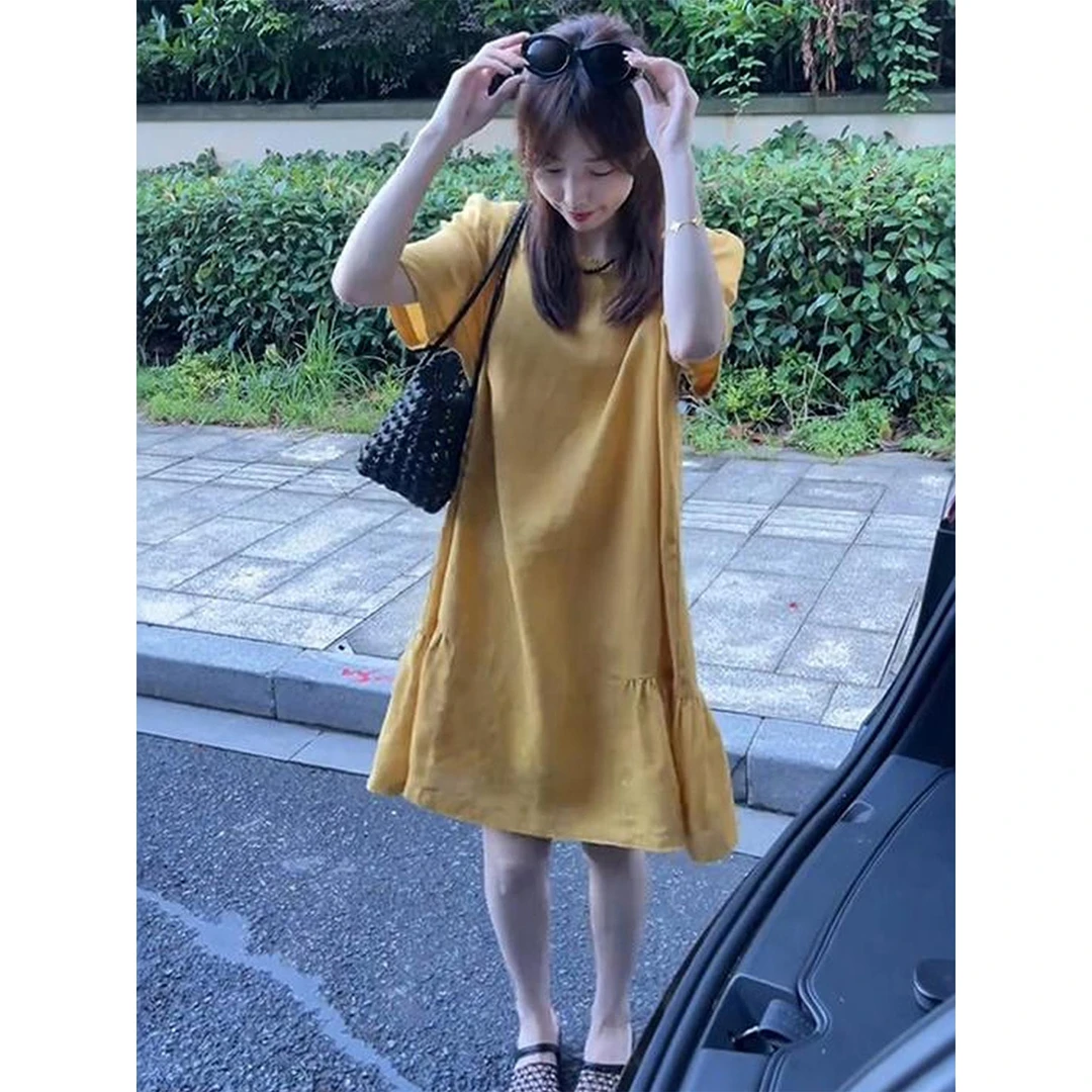 法式荷叶边亚麻短袖连衣裙女夏季2025新款今年流行爆款宽松a字裙