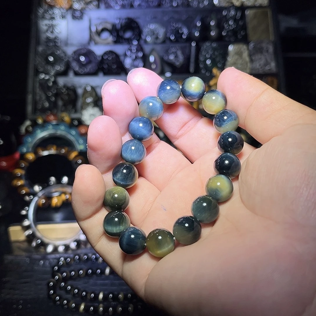 未镶嵌黑曜岩手链✡天然虎眼石梦幻黄蓝虎12mm