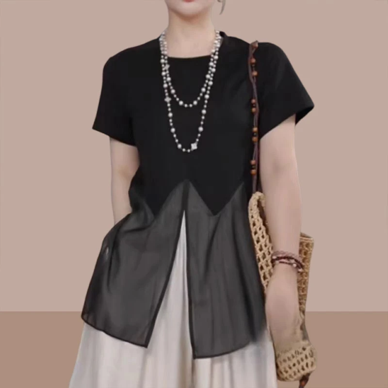 遮肉显瘦网纱拼接短袖体恤2025夏新款网红洋气炸街女装高级感上衣